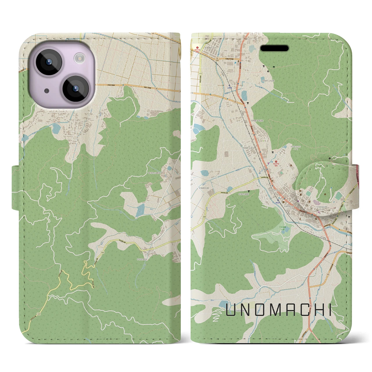 【卯之町】地図柄iPhoneケース（手帳両面タイプ・ナチュラル）iPhone 14 用