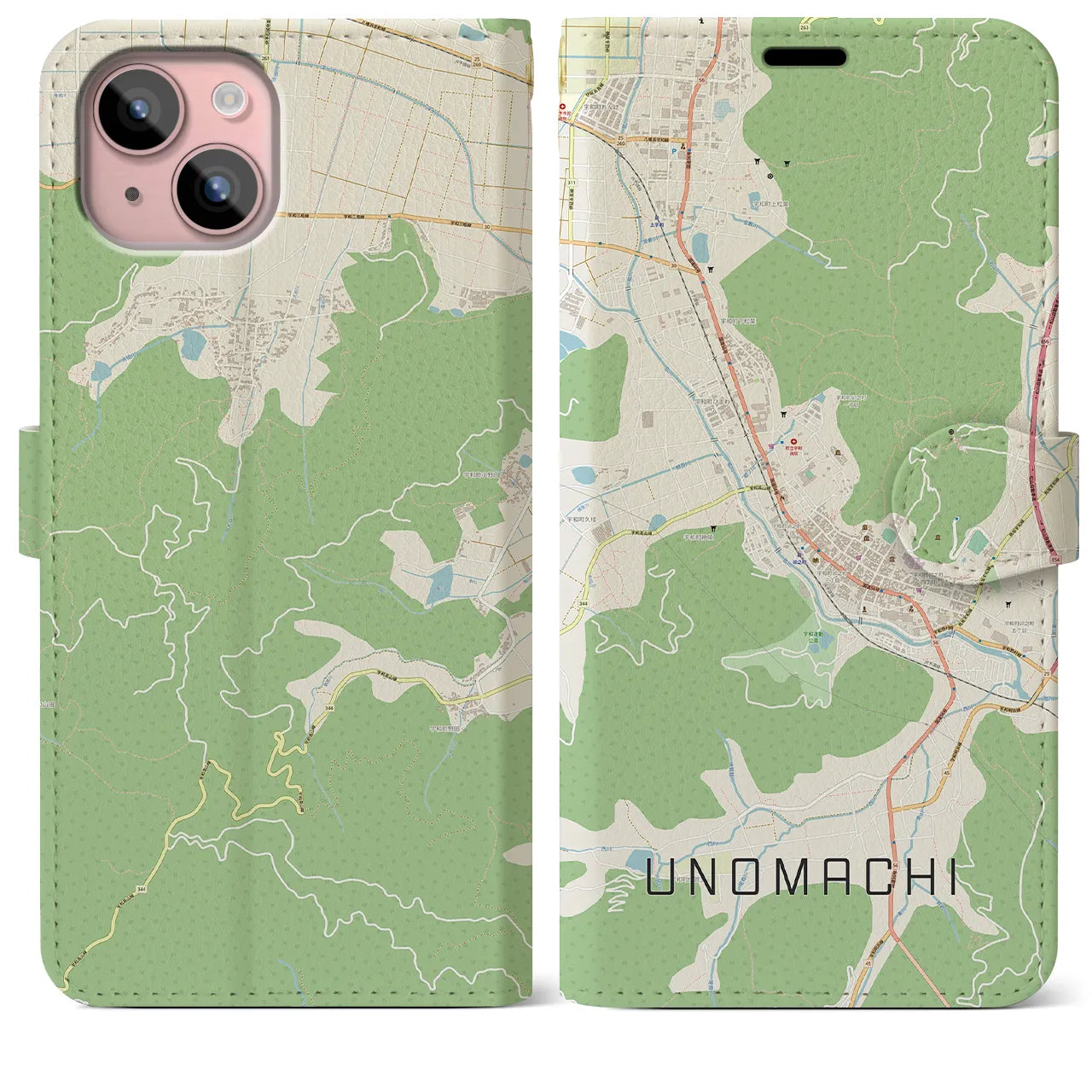 【卯之町】地図柄iPhoneケース（手帳両面タイプ・ナチュラル）iPhone 15 Plus 用