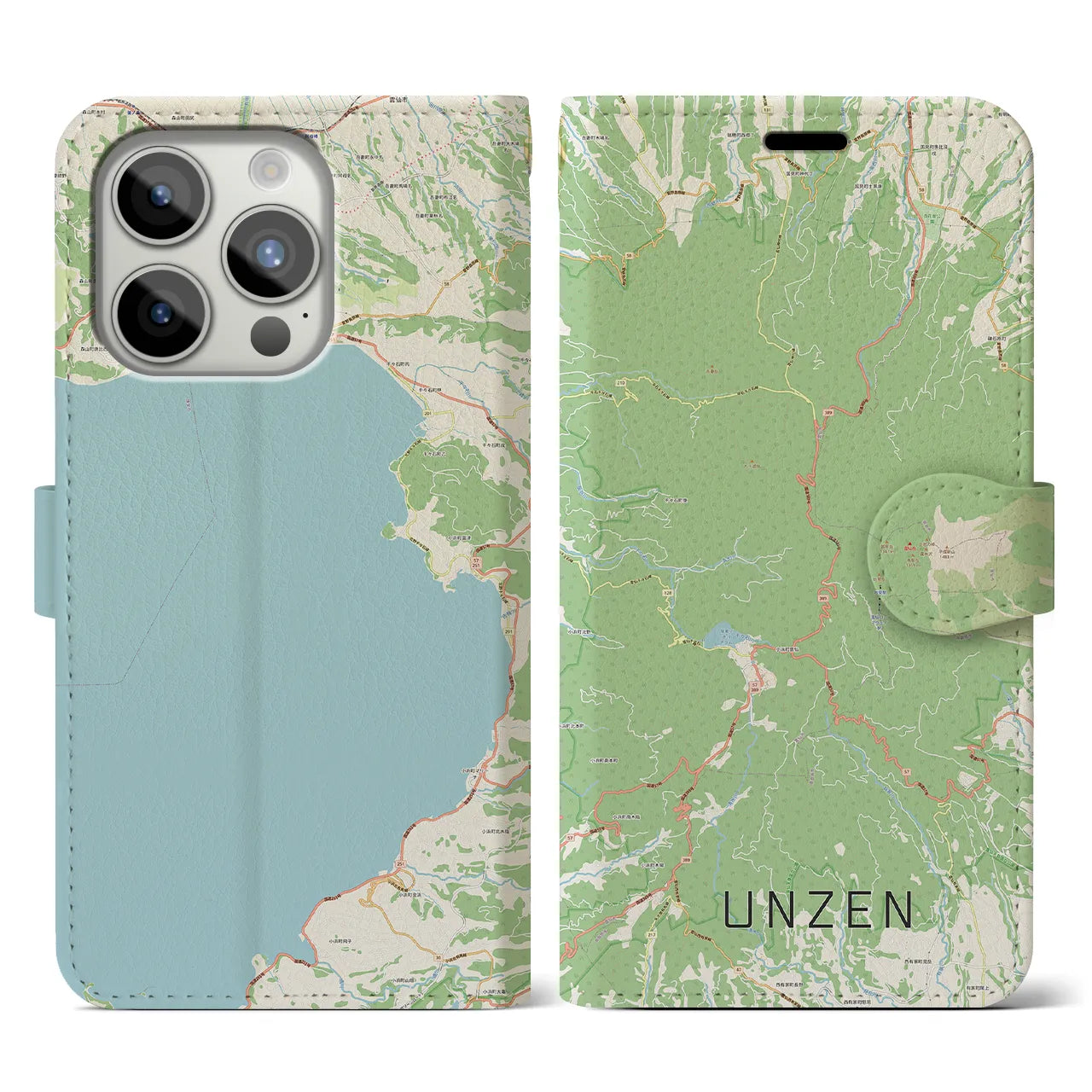 【雲仙】地図柄iPhoneケース（手帳両面タイプ・ナチュラル）iPhone 15 Pro 用