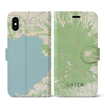 【雲仙（長崎県）】地図柄iPhoneケース（手帳タイプ）ナチュラル・iPhone XS / X 用