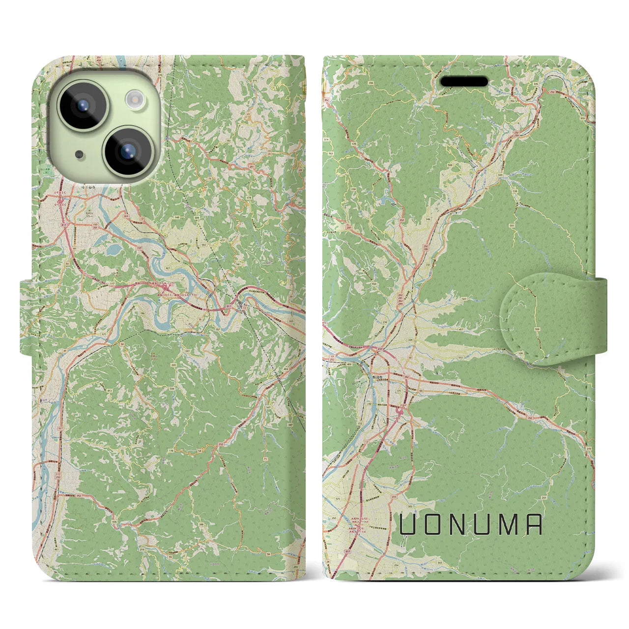 【魚沼】地図柄iPhoneケース（手帳両面タイプ・ナチュラル）iPhone 15 用