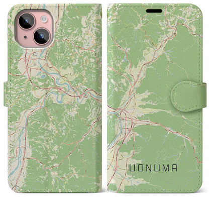【魚沼（新潟県）】地図柄iPhoneケース（手帳タイプ）ナチュラル・iPhone 15 Plus 用