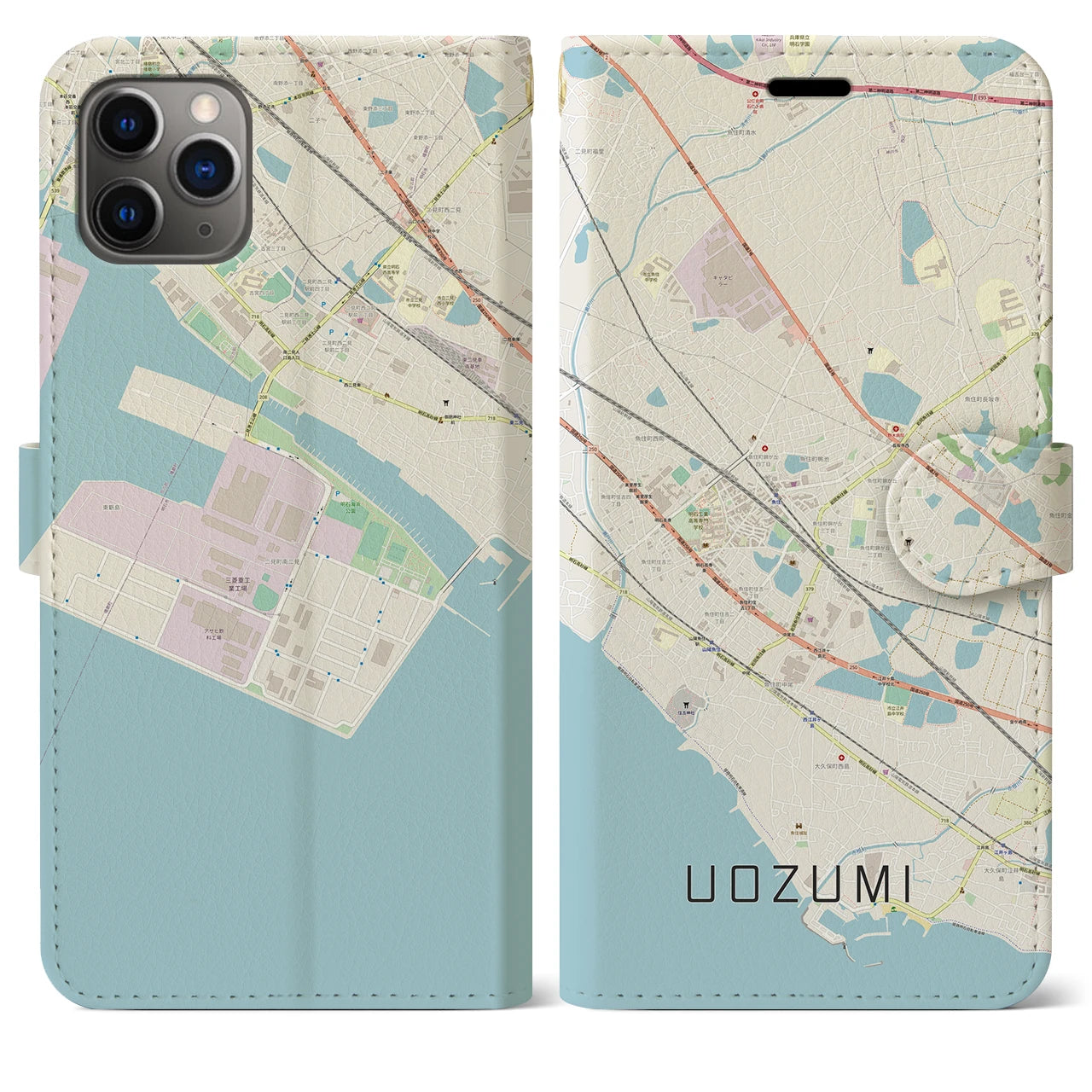 【魚住】地図柄iPhoneケース（手帳両面タイプ・ナチュラル）iPhone 11 Pro Max 用