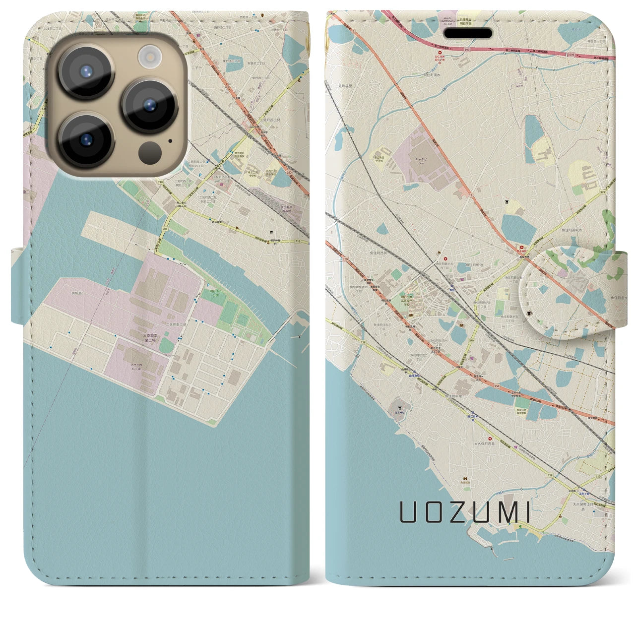 【魚住】地図柄iPhoneケース（手帳両面タイプ・ナチュラル）iPhone 14 Pro Max 用