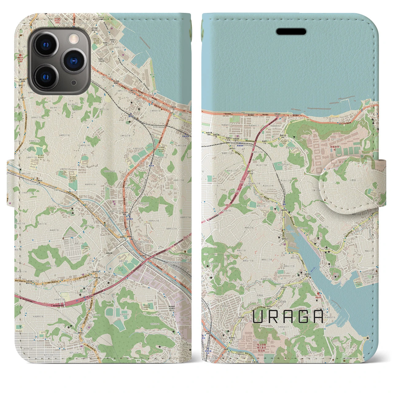 【浦賀】地図柄iPhoneケース（手帳両面タイプ・ナチュラル）iPhone 11 Pro Max 用