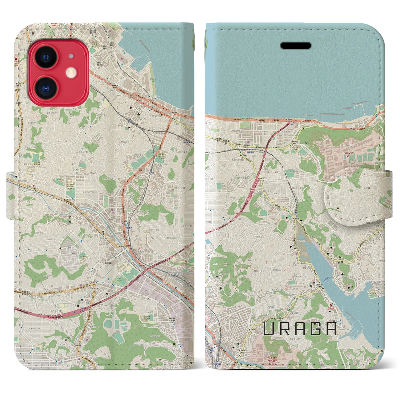 【浦賀】地図柄iPhoneケース（手帳両面タイプ・ナチュラル）iPhone 11 用