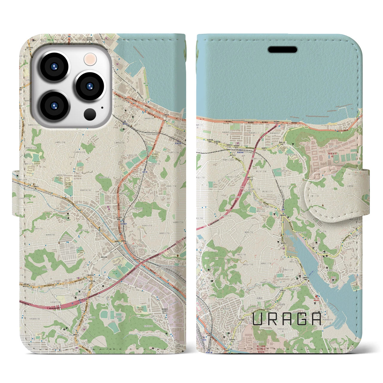 【浦賀】地図柄iPhoneケース（手帳両面タイプ・ナチュラル）iPhone 13 Pro 用