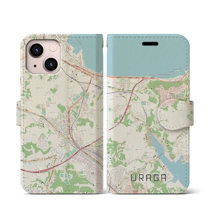 【浦賀（神奈川県）】地図柄iPhoneケース（手帳タイプ）ナチュラル・iPhone 13 mini 用