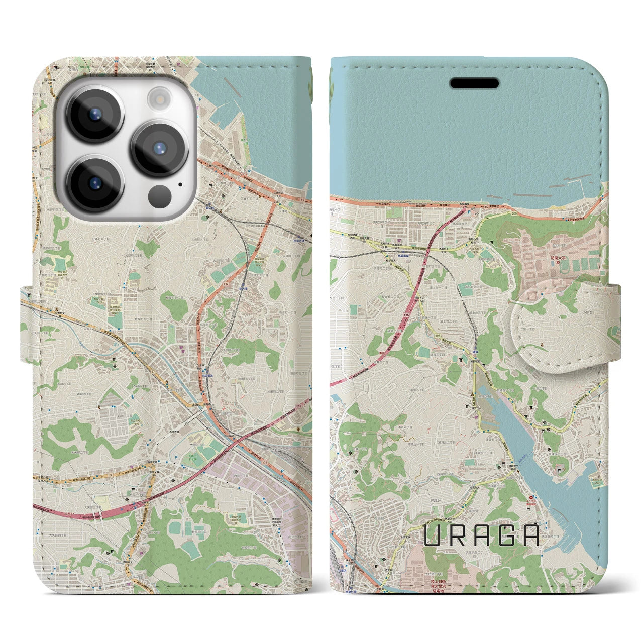 【浦賀】地図柄iPhoneケース（手帳両面タイプ・ナチュラル）iPhone 14 Pro 用
