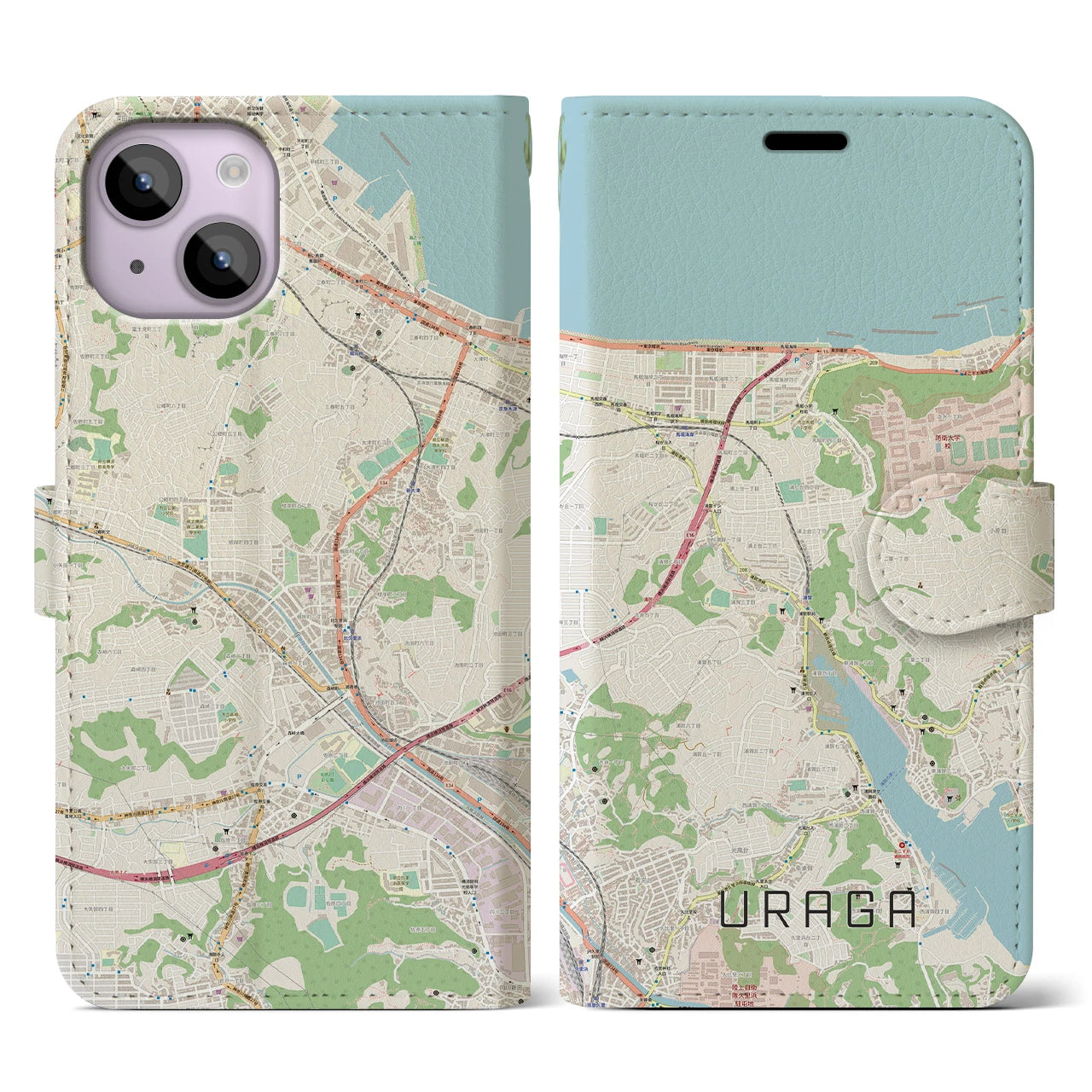 【浦賀】地図柄iPhoneケース（手帳両面タイプ・ナチュラル）iPhone 14 用