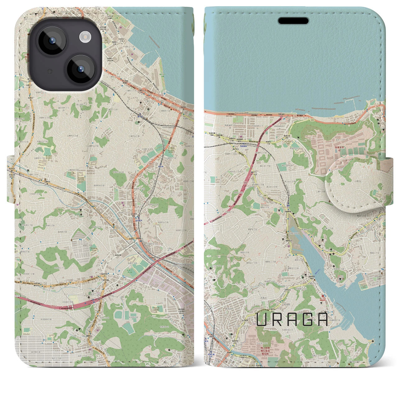 【浦賀】地図柄iPhoneケース（手帳両面タイプ・ナチュラル）iPhone 14 Plus 用