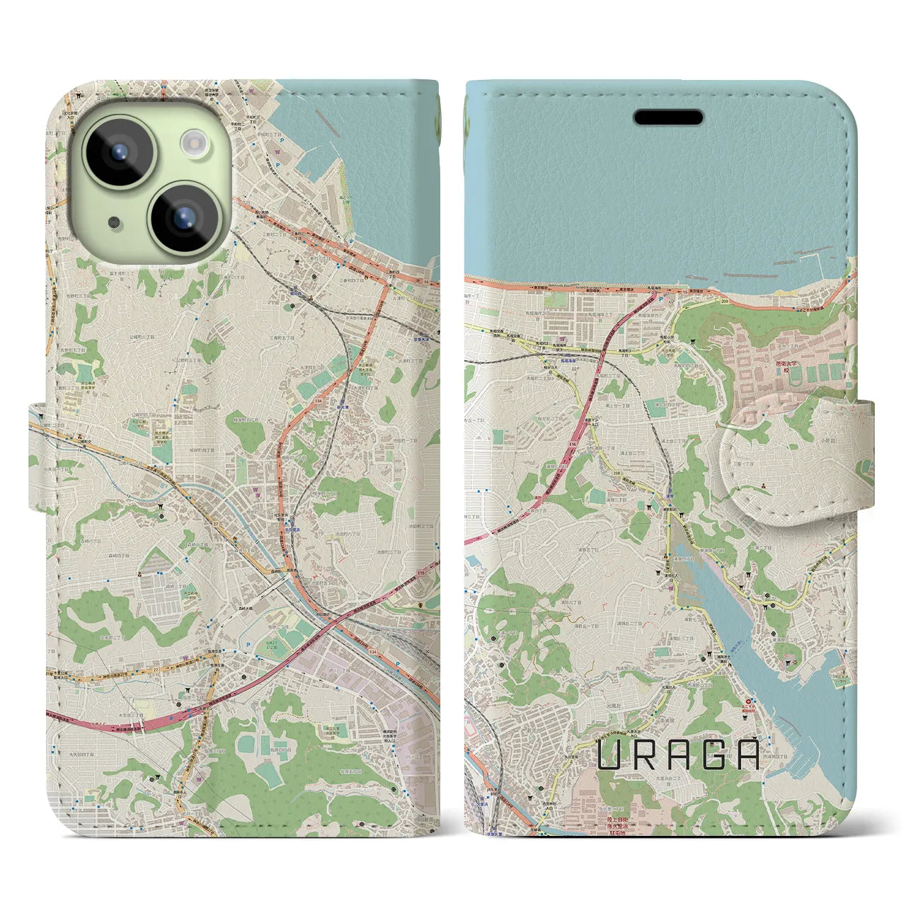 【浦賀】地図柄iPhoneケース（手帳両面タイプ・ナチュラル）iPhone 15 用