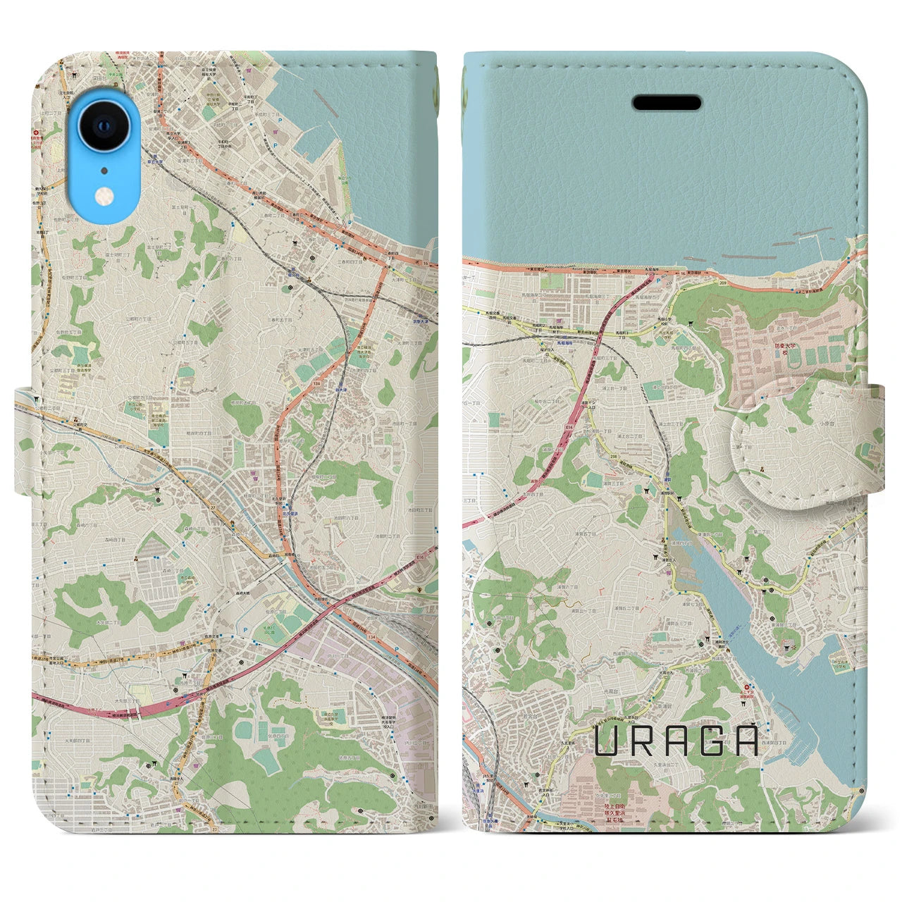 【浦賀】地図柄iPhoneケース（手帳両面タイプ・ナチュラル）iPhone XR 用