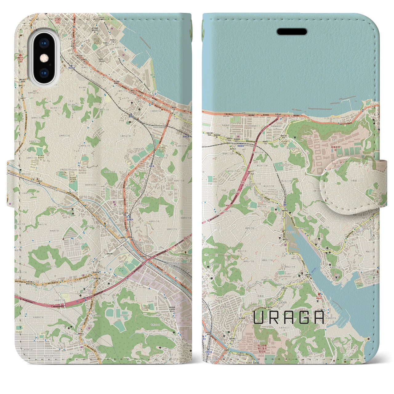 【浦賀】地図柄iPhoneケース（手帳両面タイプ・ナチュラル）iPhone XS Max 用