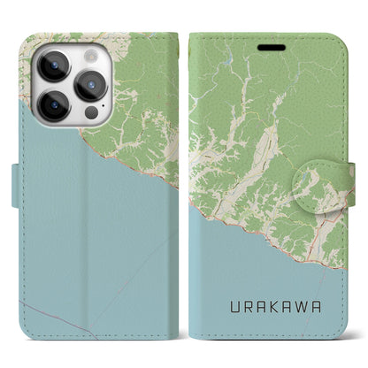 【浦河（北海道）】地図柄iPhoneケース（手帳タイプ）ナチュラル・iPhone 14 Pro 用