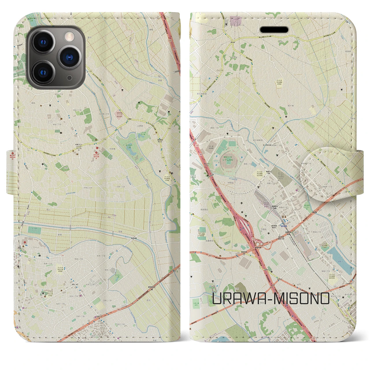 【浦和美園2】地図柄iPhoneケース（手帳両面タイプ・ナチュラル）iPhone 11 Pro Max 用