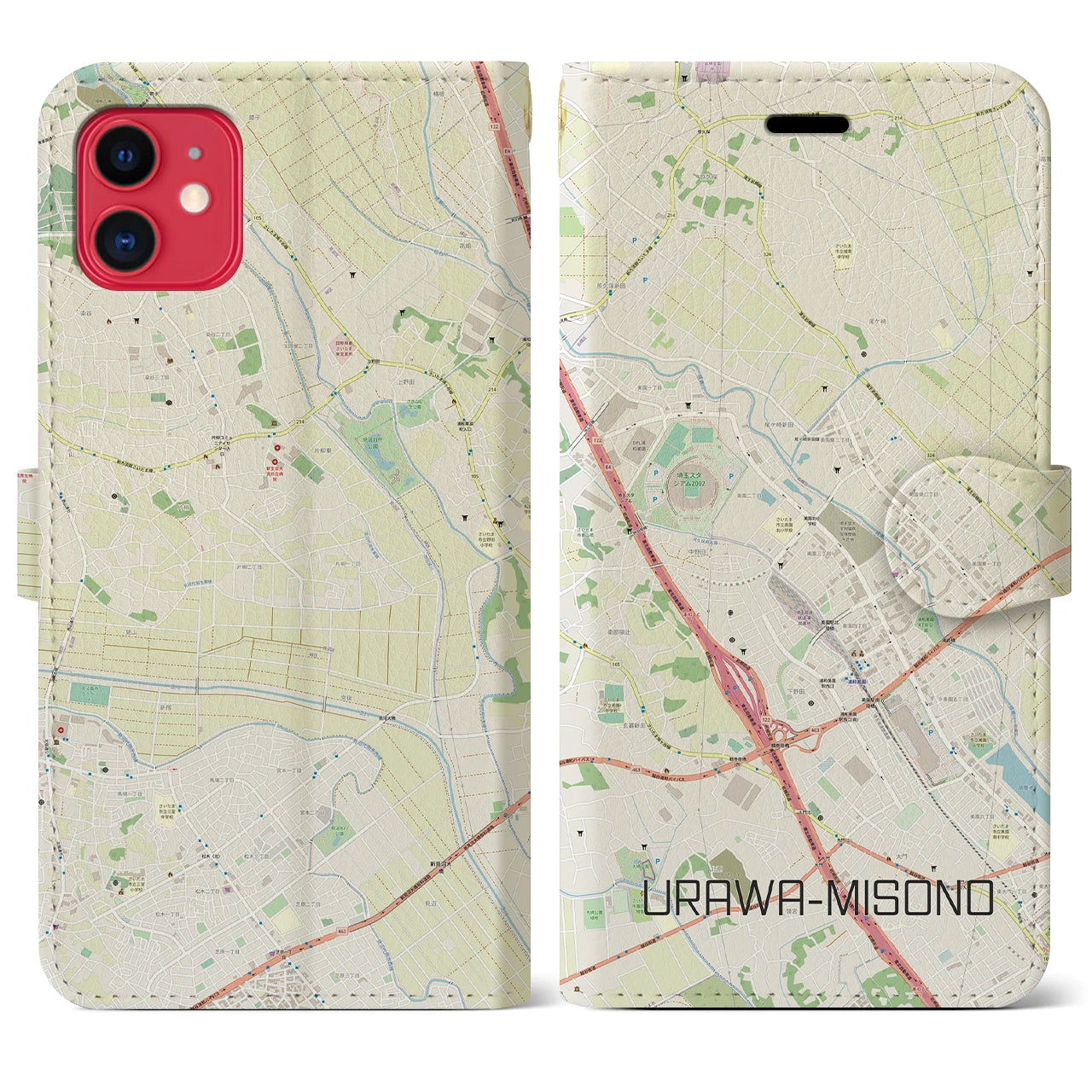 【浦和美園2】地図柄iPhoneケース（手帳両面タイプ・ナチュラル）iPhone 11 用