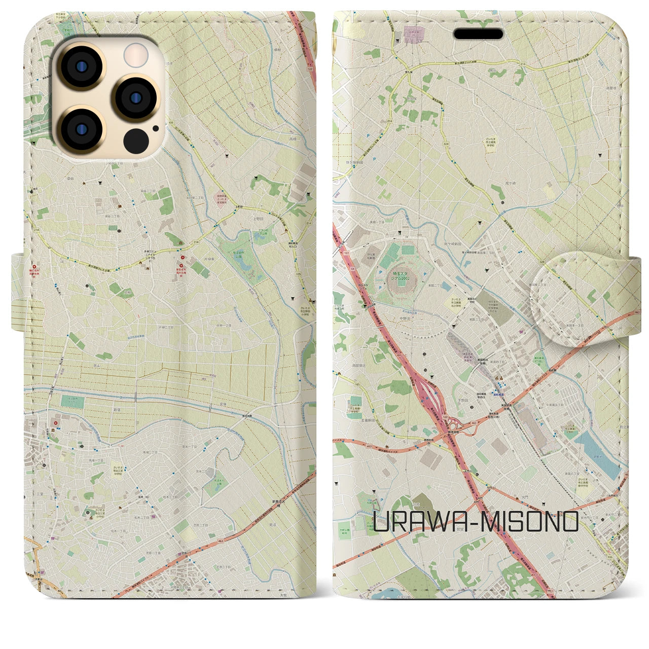 【浦和美園2】地図柄iPhoneケース（手帳両面タイプ・ナチュラル）iPhone 12 Pro Max 用