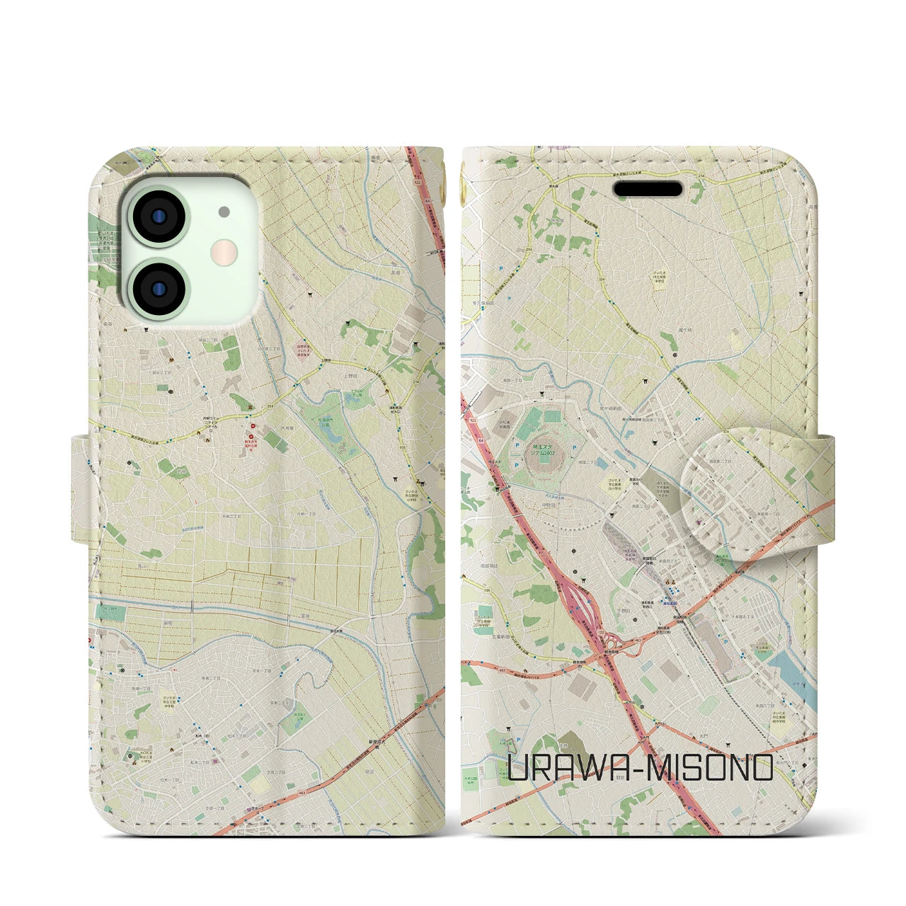【浦和美園2】地図柄iPhoneケース（手帳両面タイプ・ナチュラル）iPhone 12 mini 用