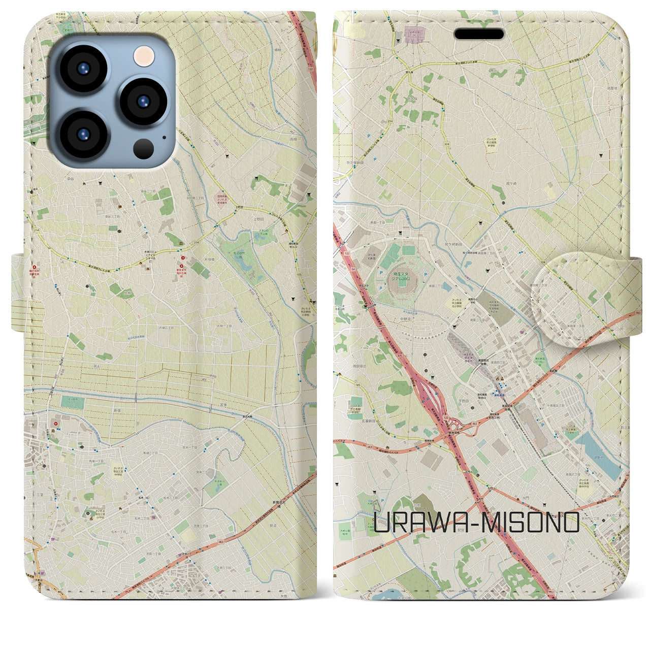 【浦和美園2】地図柄iPhoneケース（手帳両面タイプ・ナチュラル）iPhone 13 Pro Max 用