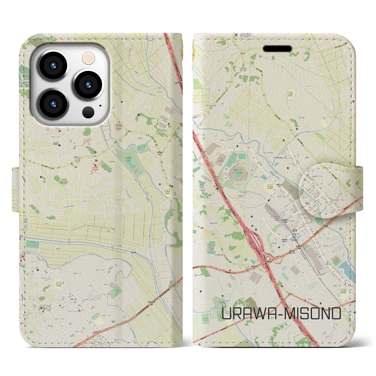 【浦和美園2】地図柄iPhoneケース（手帳両面タイプ・ナチュラル）iPhone 13 Pro 用