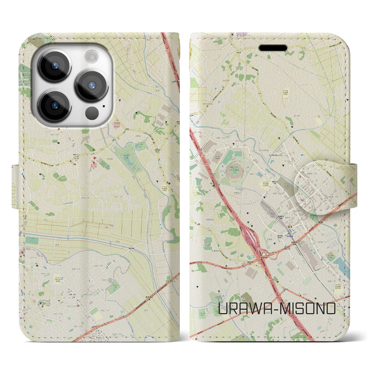 【浦和美園2】地図柄iPhoneケース（手帳両面タイプ・ナチュラル）iPhone 14 Pro 用