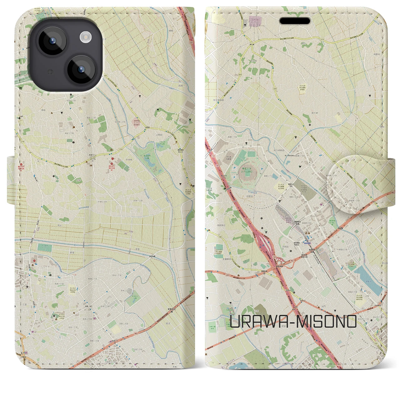 【浦和美園2】地図柄iPhoneケース（手帳両面タイプ・ナチュラル）iPhone 14 Plus 用