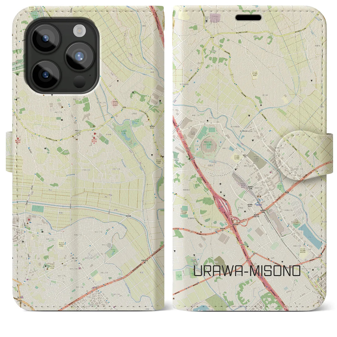 【浦和美園2】地図柄iPhoneケース（手帳両面タイプ・ナチュラル）iPhone 15 Pro Max 用