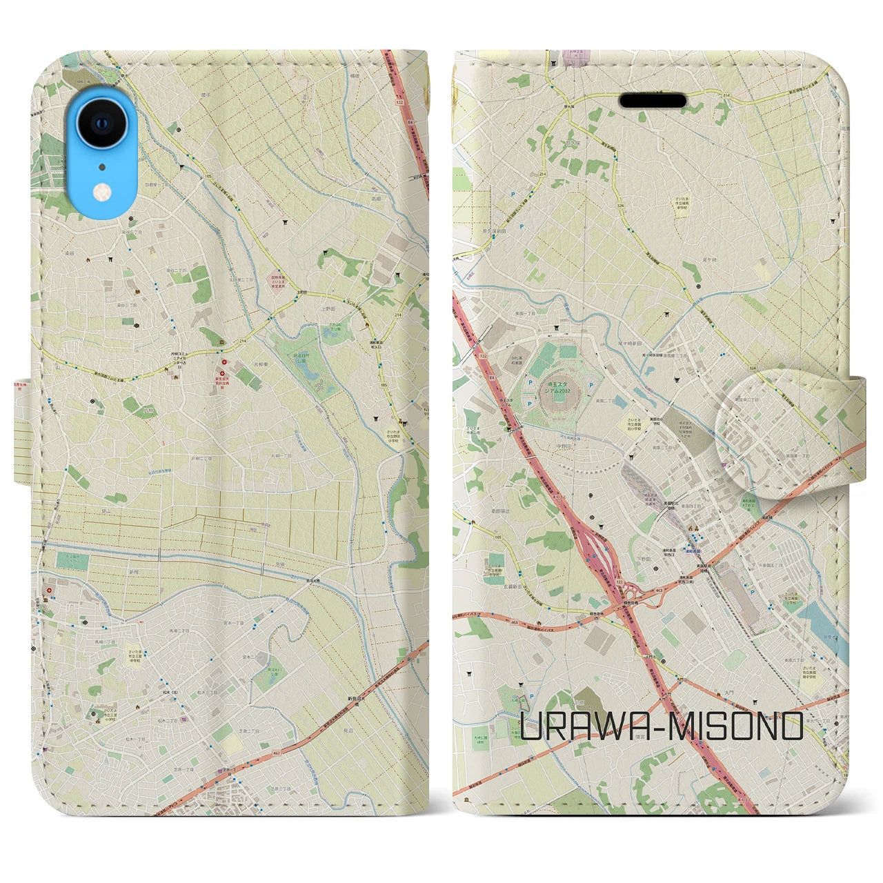 【浦和美園2】地図柄iPhoneケース（手帳両面タイプ・ナチュラル）iPhone XR 用