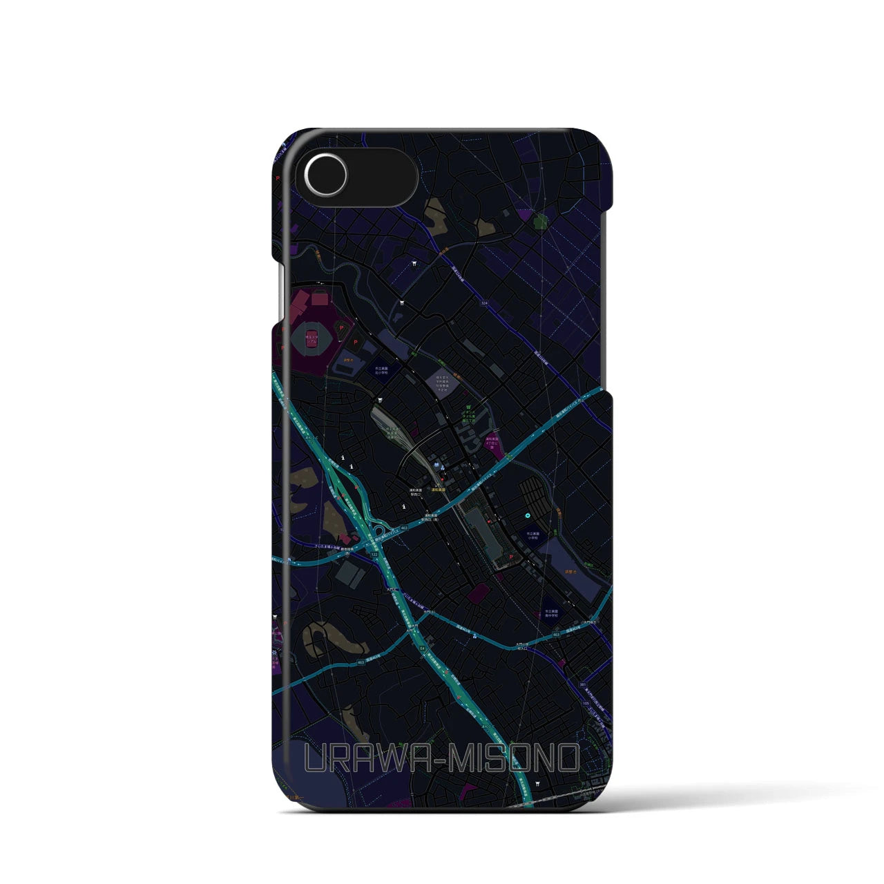 【浦和美園】地図柄iPhoneケース（バックカバータイプ・ブラック）iPhone SE（第3 / 第2世代） / 8 / 7 / 6s / 6 用