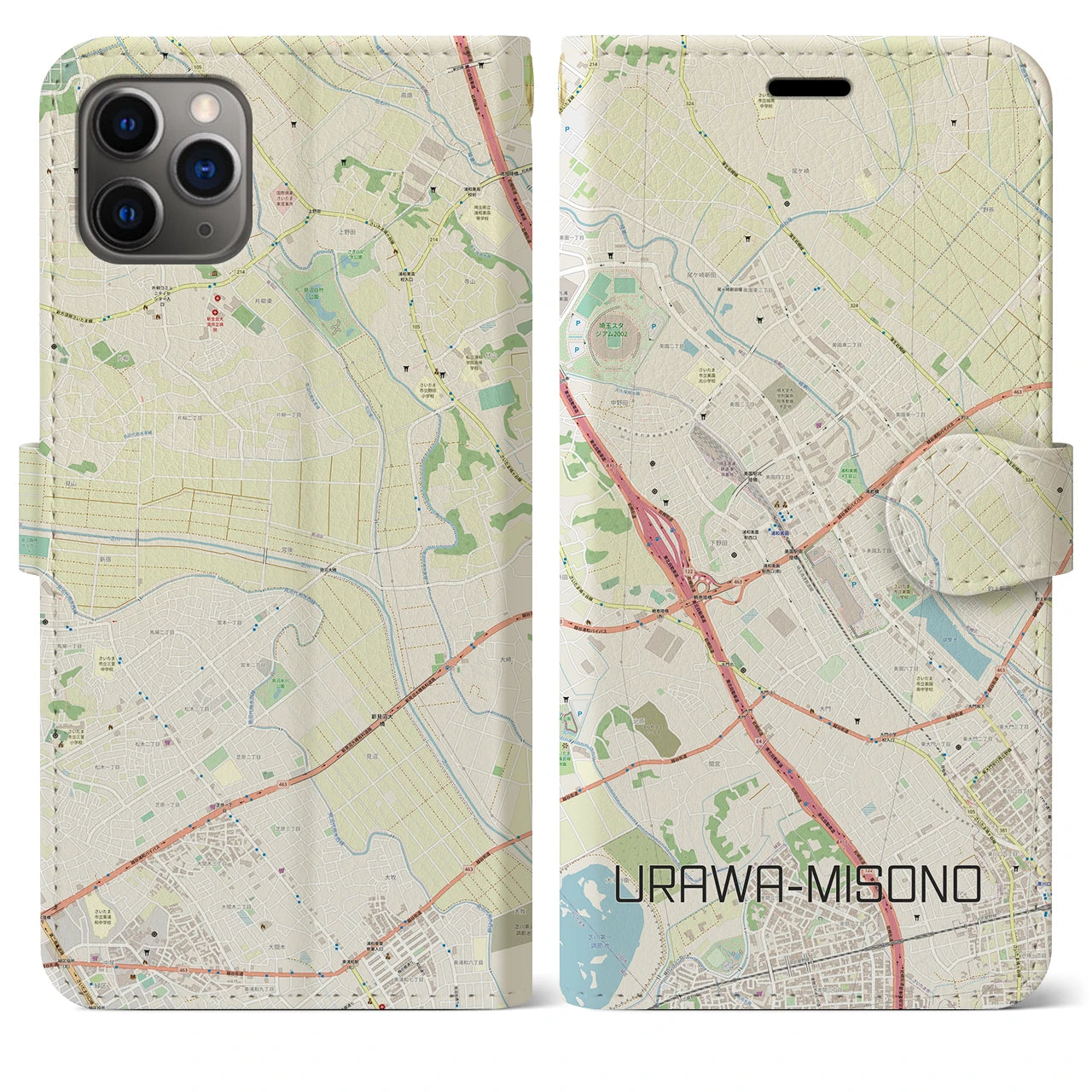 【浦和美園】地図柄iPhoneケース（手帳両面タイプ・ナチュラル）iPhone 11 Pro Max 用