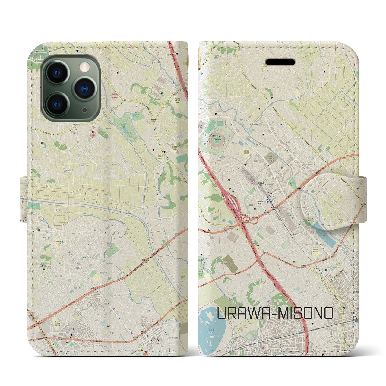 【浦和美園】地図柄iPhoneケース（手帳両面タイプ・ナチュラル）iPhone 11 Pro 用