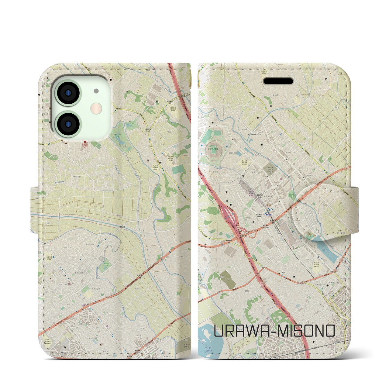 【浦和美園】地図柄iPhoneケース（手帳両面タイプ・ナチュラル）iPhone 12 mini 用