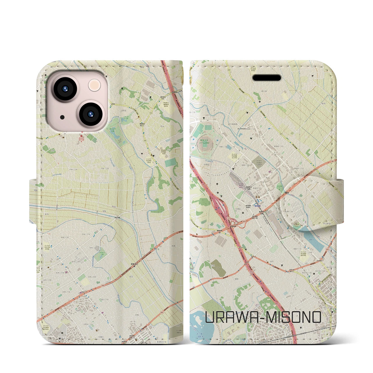 【浦和美園】地図柄iPhoneケース（手帳両面タイプ・ナチュラル）iPhone 13 mini 用