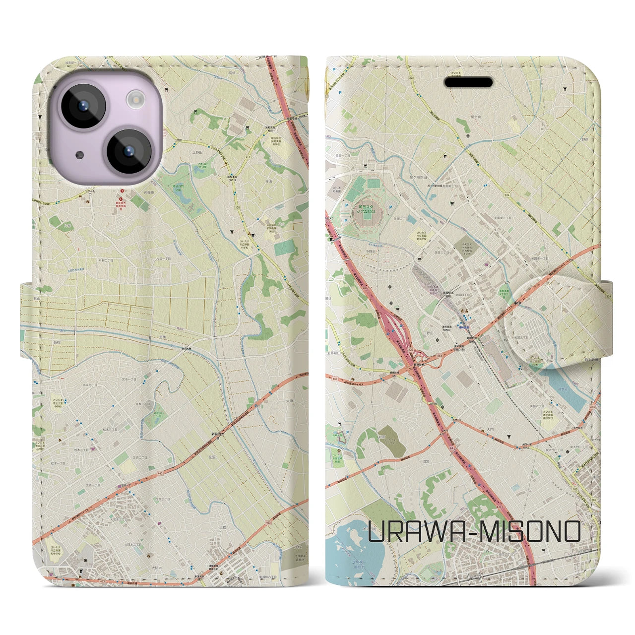 【浦和美園】地図柄iPhoneケース（手帳両面タイプ・ナチュラル）iPhone 14 用