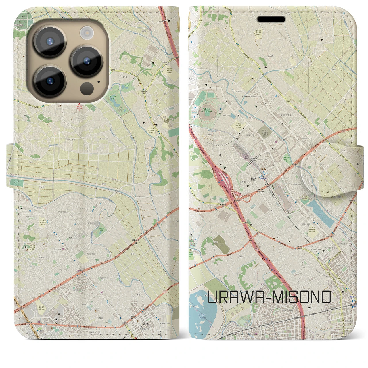 【浦和美園】地図柄iPhoneケース（手帳両面タイプ・ナチュラル）iPhone 14 Pro Max 用