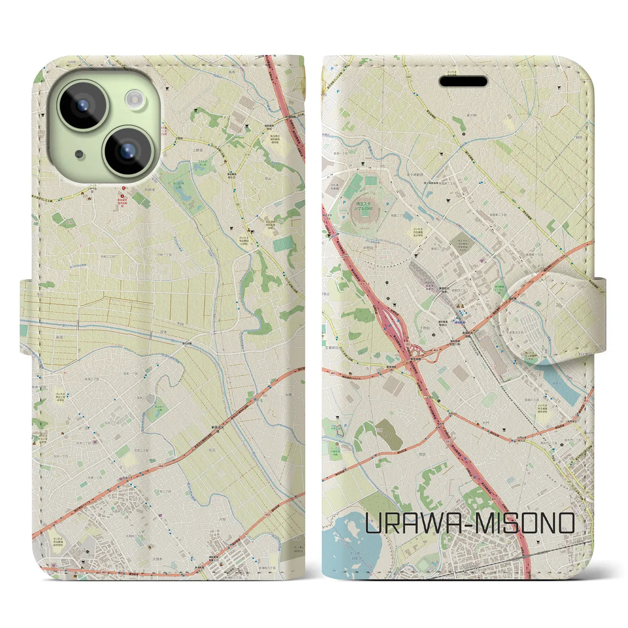 【浦和美園】地図柄iPhoneケース（手帳両面タイプ・ナチュラル）iPhone 15 用