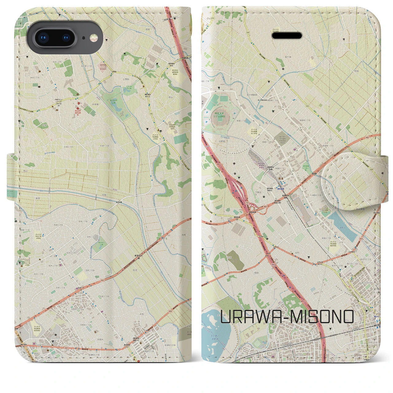 【浦和美園】地図柄iPhoneケース（手帳両面タイプ・ナチュラル）iPhone 8Plus /7Plus / 6sPlus / 6Plus 用