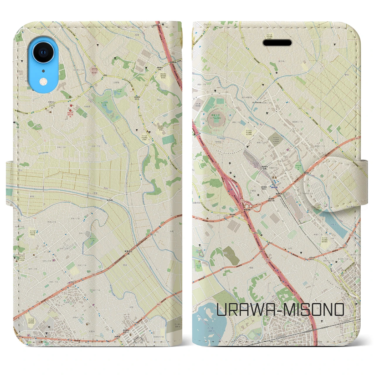 【浦和美園】地図柄iPhoneケース（手帳両面タイプ・ナチュラル）iPhone XR 用