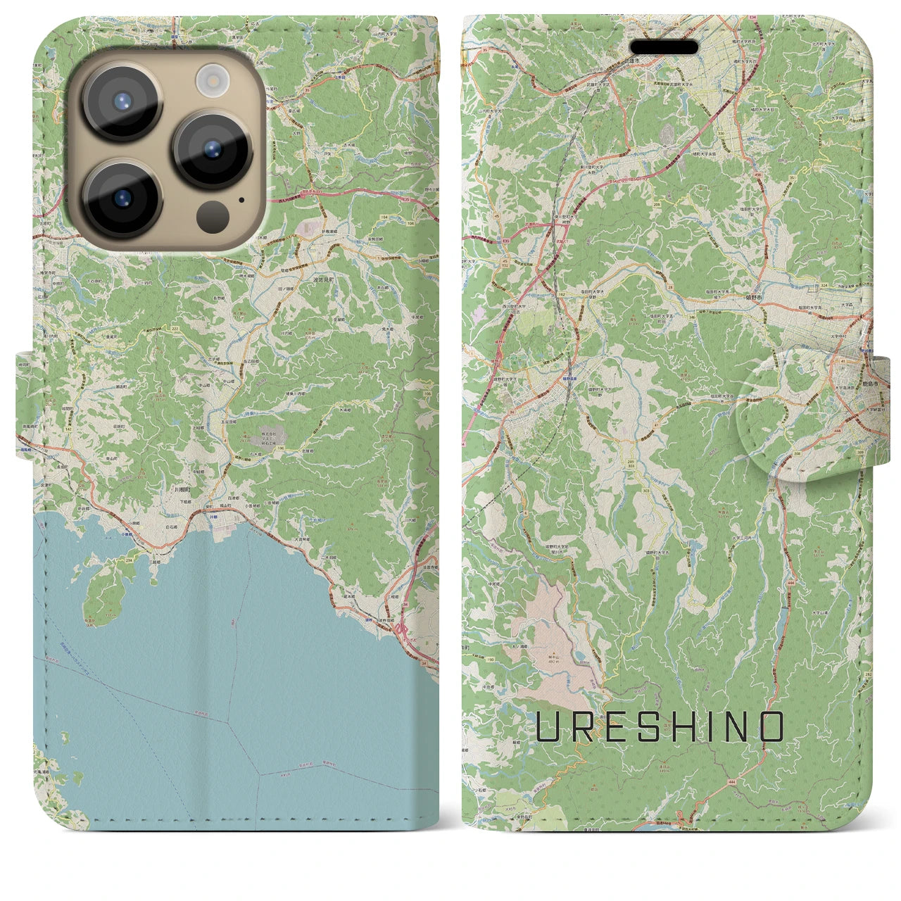 【嬉野】地図柄iPhoneケース（手帳両面タイプ・ナチュラル）iPhone 14 Pro Max 用