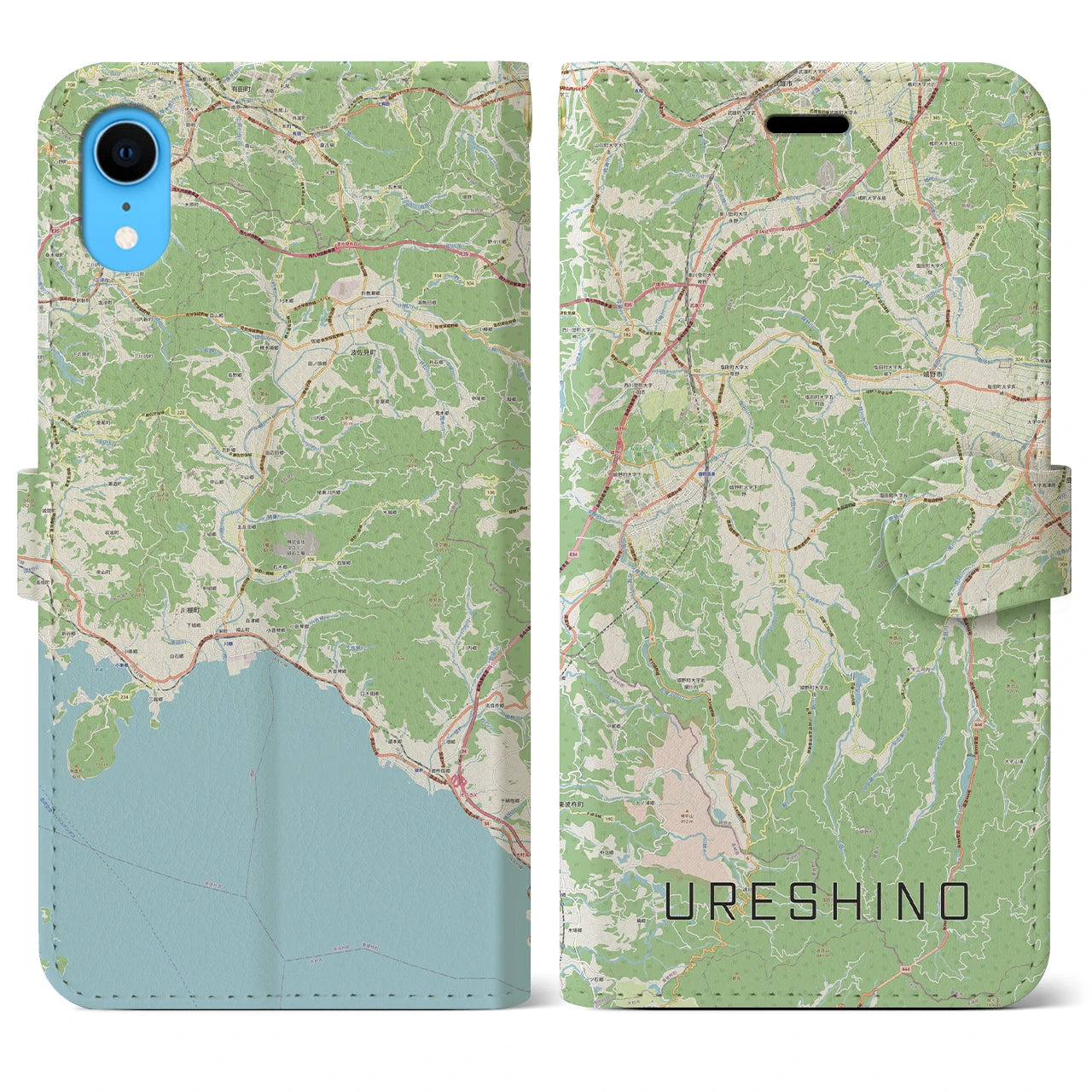 【嬉野】地図柄iPhoneケース（手帳両面タイプ・ナチュラル）iPhone XR 用