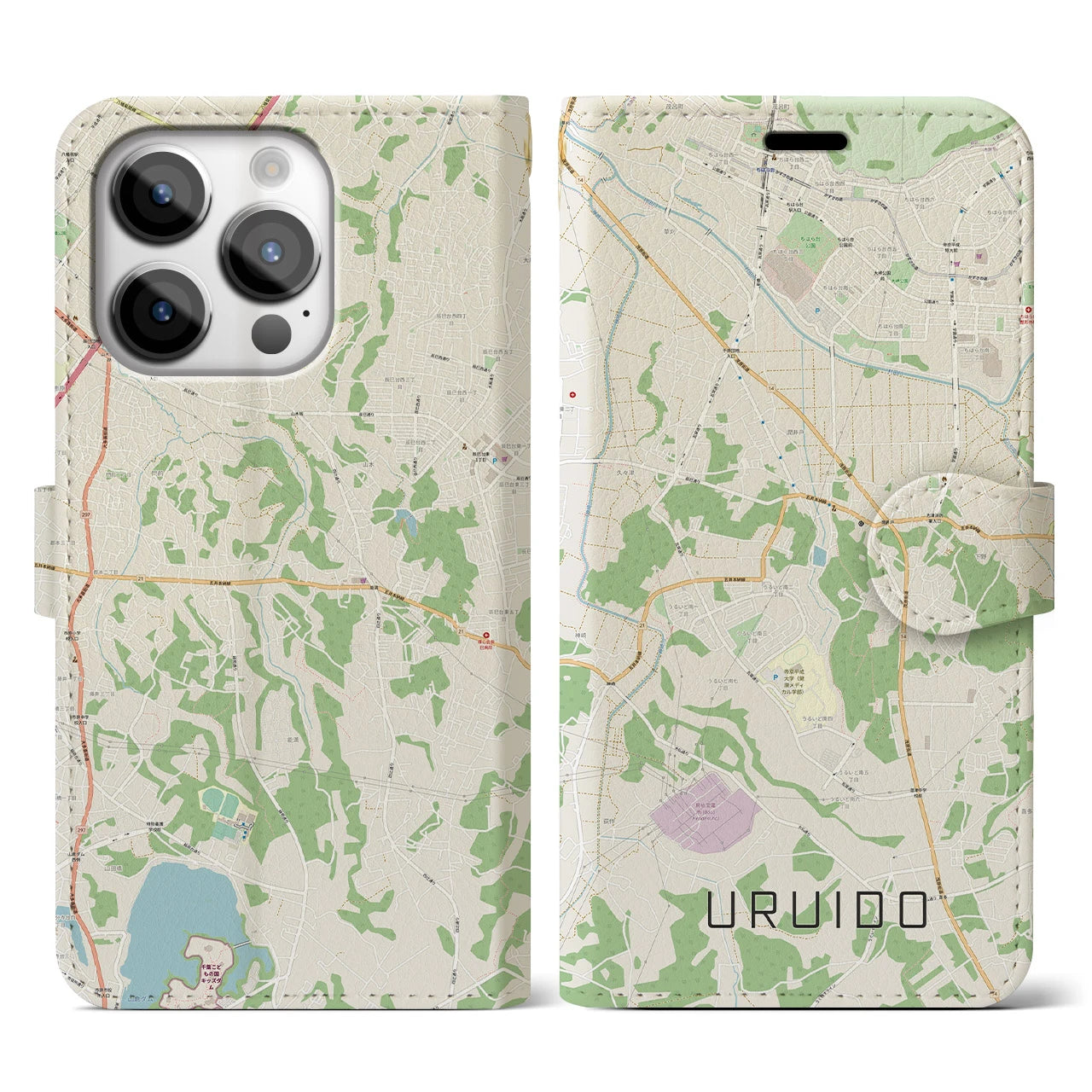 【潤井戸】地図柄iPhoneケース（手帳両面タイプ・ナチュラル）iPhone 14 Pro 用
