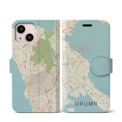 【うるま（沖縄県）】地図柄iPhoneケース（手帳タイプ）ナチュラル・iPhone 13 mini 用