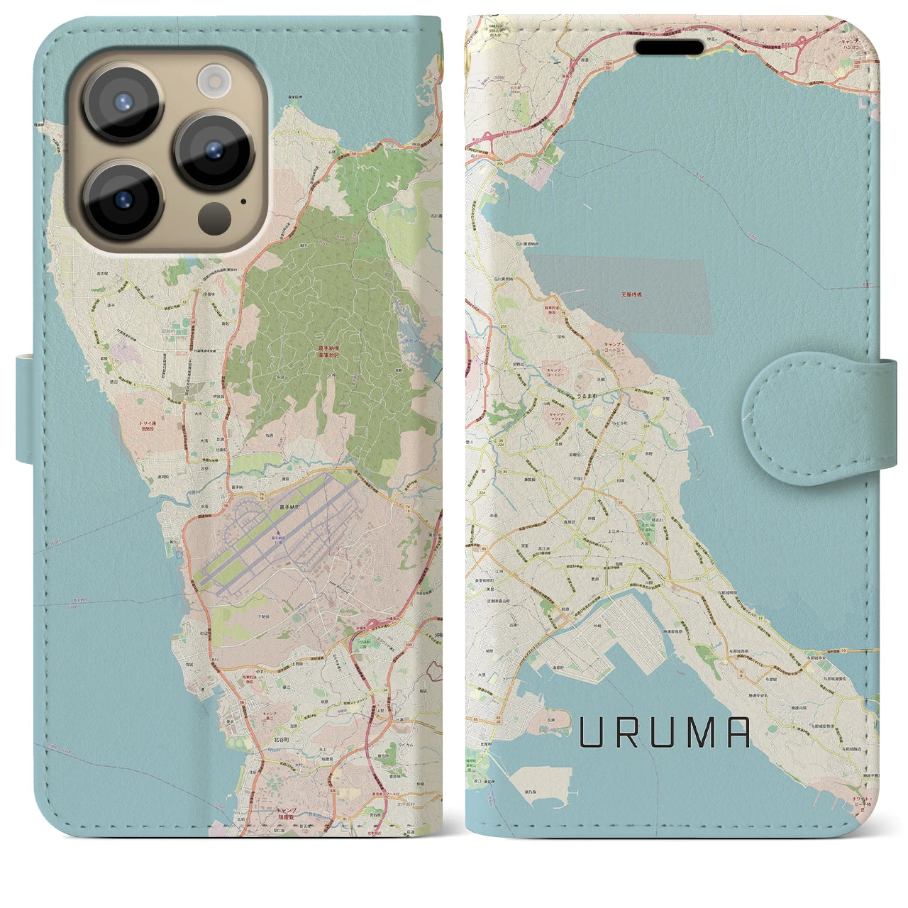 【うるま】地図柄iPhoneケース（手帳両面タイプ・ナチュラル）iPhone 14 Pro Max 用
