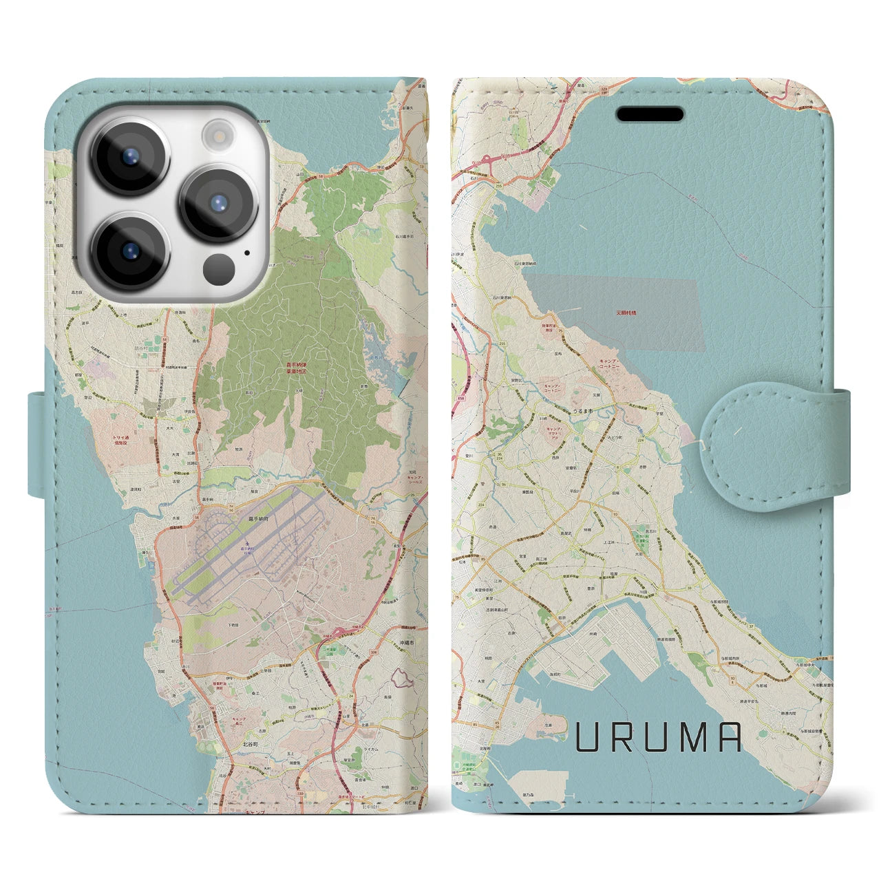 【うるま】地図柄iPhoneケース（手帳両面タイプ・ナチュラル）iPhone 14 Pro 用