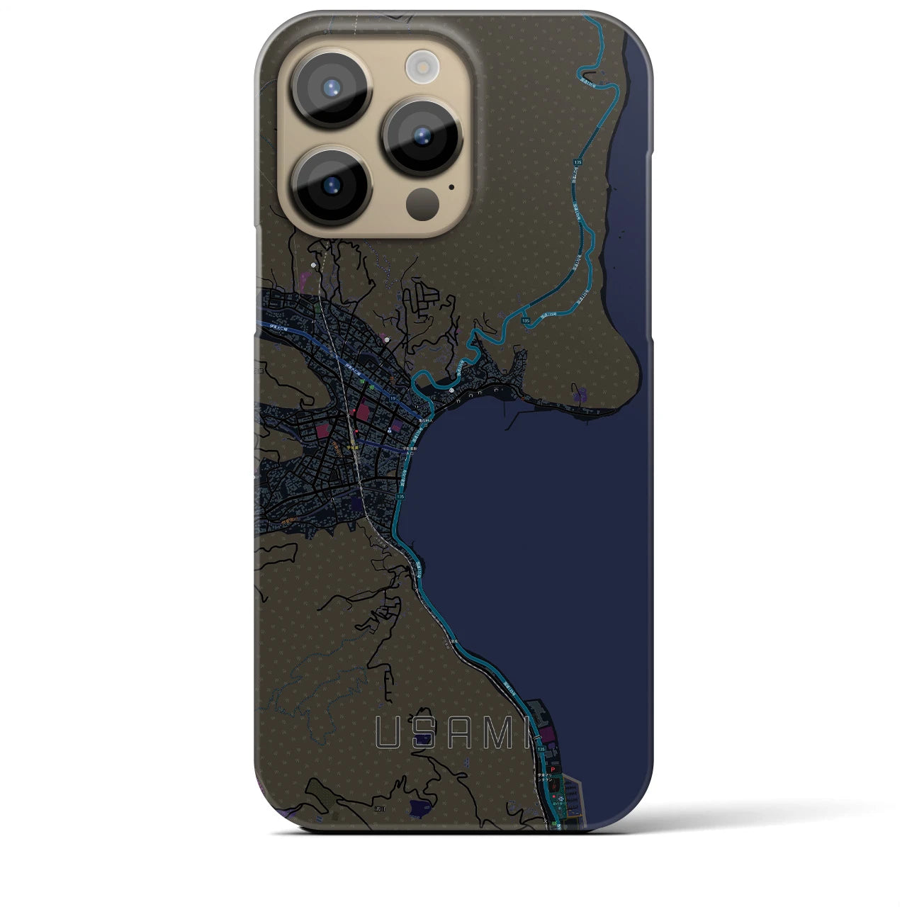 【宇佐美】地図柄iPhoneケース（バックカバータイプ・ブラック）iPhone 14 Pro Max 用
