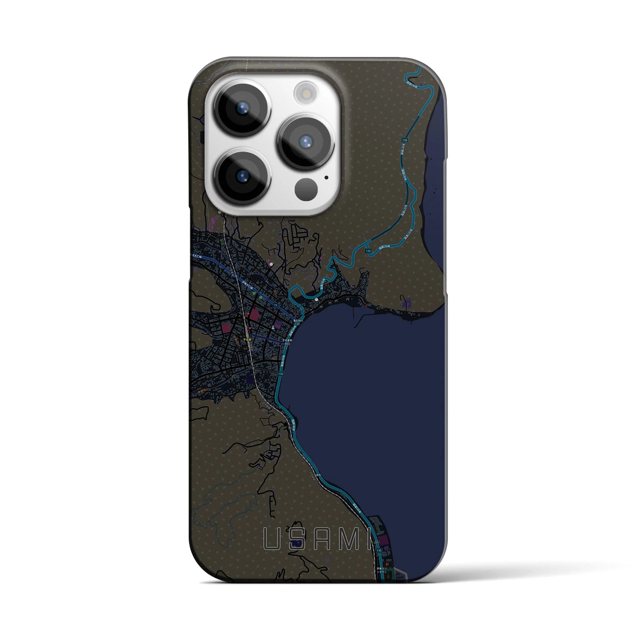 【宇佐美】地図柄iPhoneケース（バックカバータイプ・ブラック）iPhone 14 Pro 用