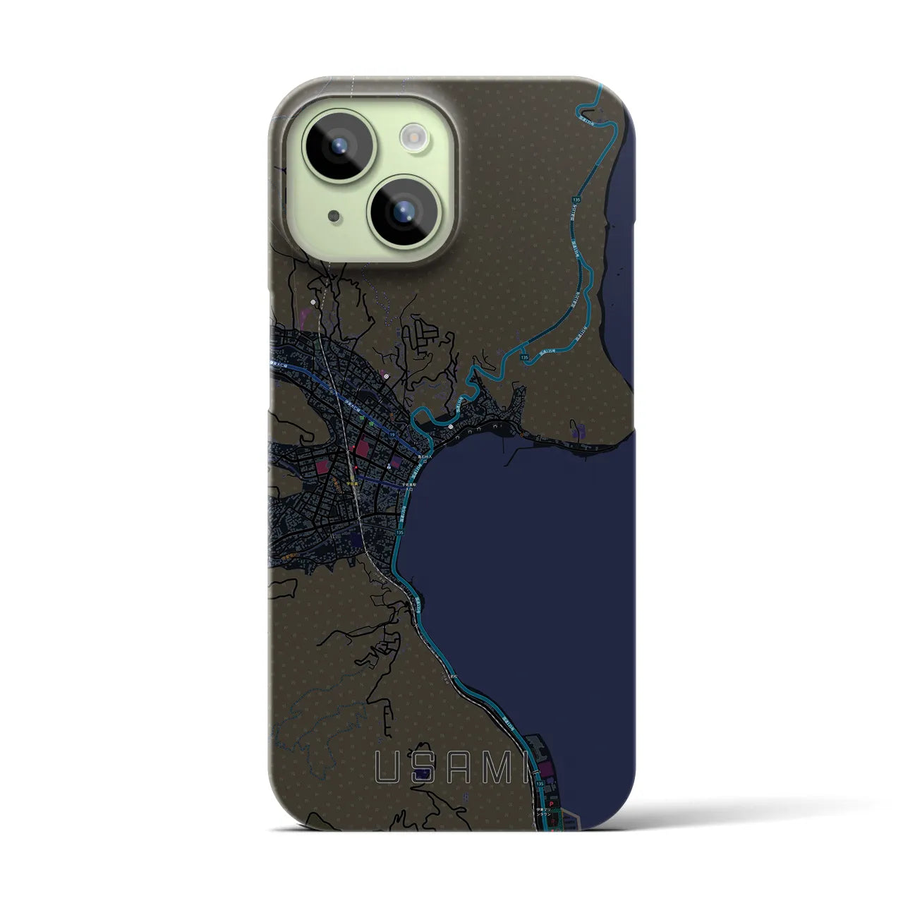 【宇佐美】地図柄iPhoneケース（バックカバータイプ・ブラック）iPhone 15 用