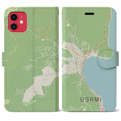【宇佐美（静岡県）】地図柄iPhoneケース（手帳タイプ）ナチュラル・iPhone 11 用