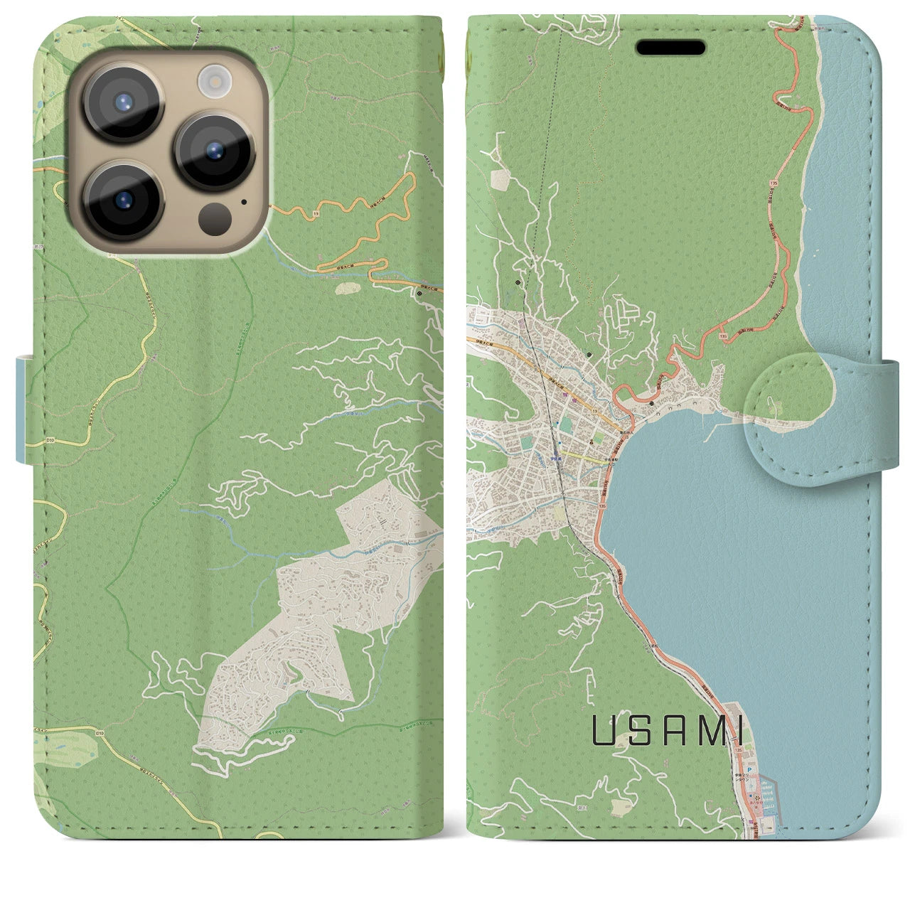 【宇佐美】地図柄iPhoneケース（手帳両面タイプ・ナチュラル）iPhone 14 Pro Max 用